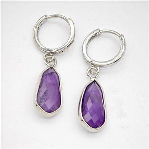 Purple Amethyst Copper Hoop Earrings Teardrop Platinum Plated, approx 9-16mm, 14mm dia