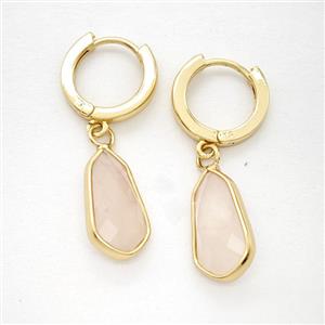 Pink Rose Quartz Copper Hoop Earrings Teardrop Gold Plated, approx 9-16mm, 14mm dia