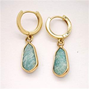 Green Amazonite Copper Hoop Earrings Teardrop Gold Plated, approx 9-16mm, 14mm dia