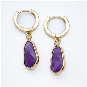 Purple Amethyst Copper Hoop Earrings Teardrop Gold Plated, approx 9-16mm, 14mm dia