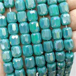 Green Jadeite Glass Barrel Beads Faceted Electroplated, approx 10-11mm, 38pcs per st