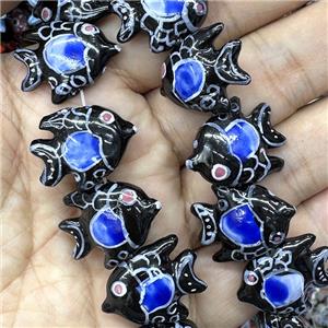 Porcelain Fish Beads Black Blue, approx 22mm