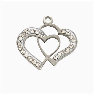 Raw Stainless Steel Heart Pendant Pave Rhinestone, approx 14-18mm