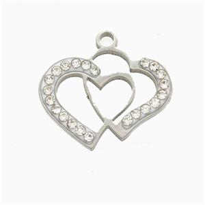Raw Stainless Steel Heart Pendant Pave Rhinestone, approx 14-18mm