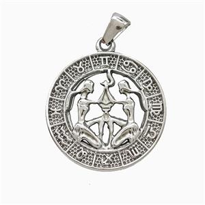 Raw Stainless Steel Symbols Pendant Zodiac Gemini Circle, approx 25mm