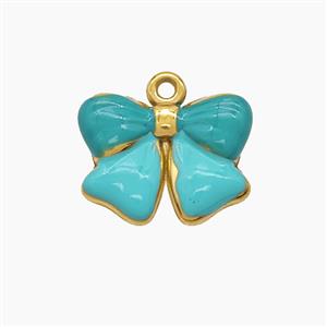 Stainless Steel Bowknot Pendant Green Enamel Gold Plated, approx 12-16mm