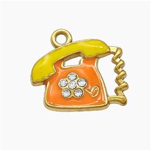 Stainless Steel Telphone Charms Pendant Pave Zirconia Yellow Orange Enamel Gold Plated, approx 14-18mm