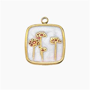Stainless Steel Flower Pendant White Enamel Square Gold Plated, approx 15mm