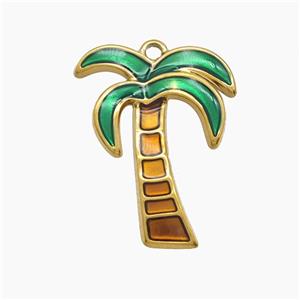 Stainless Steel Coconut Tree Pendant Palm Green Painted Gold Plated, approx 20-25mm