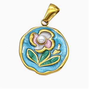 Stainless Steel Flower Pendant Enamel Gold Plated, approx 17-18mm