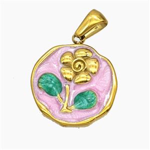 Stainless Steel Flower Pendant Enamel Pink Gold Plated, approx 18mm