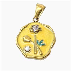 Stainless Steel Flower Pendant Enamel Gold Plated, approx 17-18mm