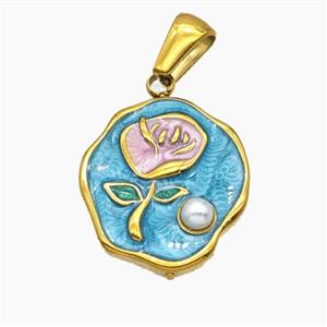 Stainless Steel Flower Pendant Enamel Gold Plated, approx 16-18mm