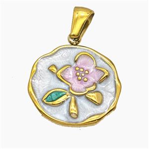 Stainless Steel Flower Pendant Enamel Gold Plated, approx 17-18.5mm