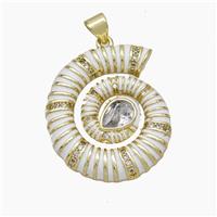 Nautilus Charms Copper Conch Shell Pendant Pave Zirconia White Enamel Gold Plated, approx 24-28mm