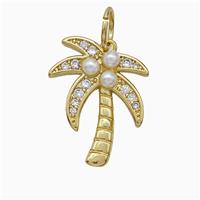 Copper Coconut Tree Pendant Pave Zirconia Pearlized Resin Palm Gold Plated, approx 15-18mm