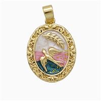 Copper Swallow Pendant Painted Leaf Oval Gold Plated, approx 14-16mm