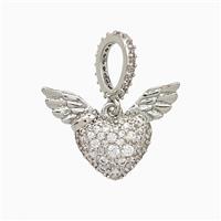 Copper Heart Angel Wings Pendant Micropave Zirconia Platinum Plated, approx 14-19mm, 8-10mm