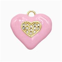Copper Heart Pendant Pave Zirconia Pink Enamel Gold Plated, approx 20mm