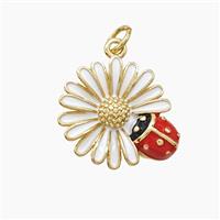 Copper Sunflower Pendant White Enamel Ladybug Gold Plated, approx 16mm