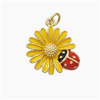 Copper Sunflower Pendant Yellow Enamel Ladybug Gold Plated, approx 16mm