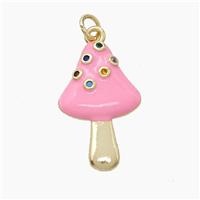 Copper Mushroom Pendant Pave Zirconia Pink Enamel Gold Plated, approx 15-24mm