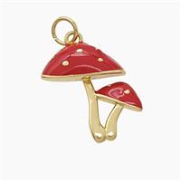 Copper Mushroom Pendant Red Enamel Gold Plated, approx 16-17mm