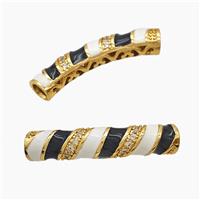 Copper Tube Beads Pave Zirconia White Black Enamel Large Hole Curving Gold Plated, approx 7-38mm, 5mm hole