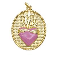 Copper Sacred Heart Pendant Pink Enamel Oval Gold Plated, approx 20-23mm
