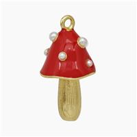 Copper Mushroom Pendant Pave Pearlize Resin Red Enamel Gold Plated, approx 12-20mm