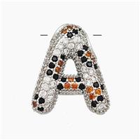 Copper Letter-A Pendant Micropave Zirconia Platinum Plated, approx 16-23mm, 3-5mm hole