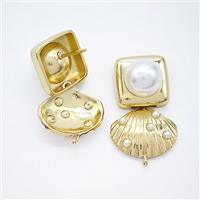 Copper Scallop Shell Stud Earrings Pave Pearlized Resin Gold Plated, approx 14-17mm, 14mm