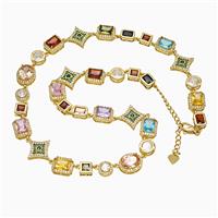 Copper Necklace Pave Multicolor Zirconia Gold Plated, approx 7-16mm, 44-49cm length