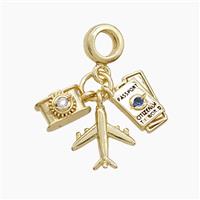 Copper Airplane And Passpord Camera Pendant Pave Zirconia Gold Plated, approx 7-12mm, 7mm dia