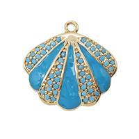 Copper Scallop Shell Pendant Pave Zirconia Blue Enamel Gold Plated, approx 17-20mm