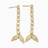 Copper Mermaid-Tail Stud Earrings Pave Zirconia Gold Plated, approx 13-17mm, 55mm length