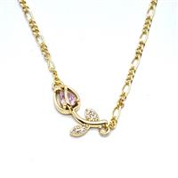 Copper Tulip Flower Necklace Pave Zirconia Gold Plated, approx 7-17mm, 2mm, 40-45cm length