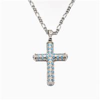 Copper Cross Necklace Pave Turq Zirconia Platinum Plated, approx 20-27mm, 2mm, 40-45cm length