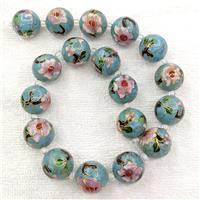 Blue Cloisonne Copper Round Beads Flower, approx 18mm dia