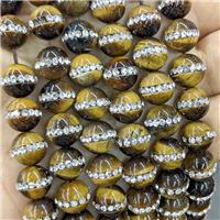 Natural Tiger Eye Stone Round Beads Pave Rhinestone, approx 10mm