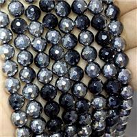 Natural Black Onyx Agate Beads Faceted Round Half Silver Electroplated, approx 10mm