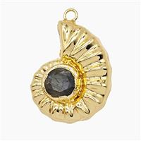 Copper Spiral Shell Pendant Pave Labradorite Hollow Gold Plated, approx 26-33mm