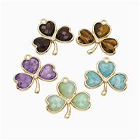 Natural Gemstone Clover Pendant Heart Gold Plated Mixed, approx 18-20mm