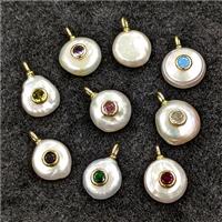 Baroque Style White Pearl Pendant Pave Zirconia Coin, approx 12-14mm
