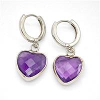 Purple Amethyst Copper Hoop Earrings Heart Platinum Plated, approx 14mm, 14mm dia