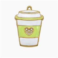 Stainless Steel Cup Pendant Pave Rhinestone Green Enamel Gold Plated, approx 18-24mm
