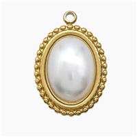 Stainless Steel Oval Pendant Pave Pearlized Resin Gold Plated, approx 15-18mm